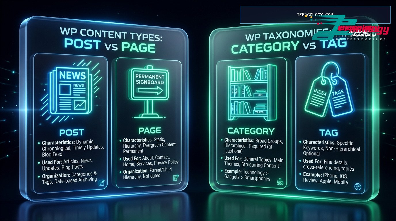 WordPress Post vs Page and Category vs Tag Comparison Diagram